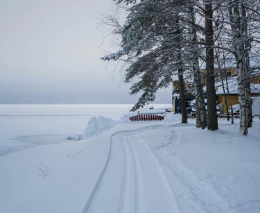 Winter cottage with snow-covered driveway and frozen lake.