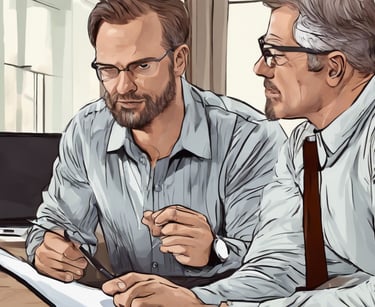 two men sitting at a table with papers and papers