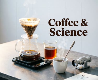 Glass pour-over coffee setup with scientific tools and “Coffee & Science” text.