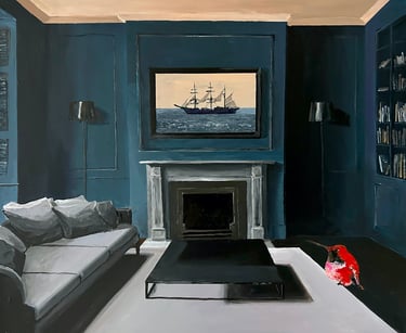a painting of a living room with a couch and humming bird