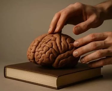 Mãos segurando um modelo de cérebro sobre um livro, simbolizando o impacto da leitura no cérebro.