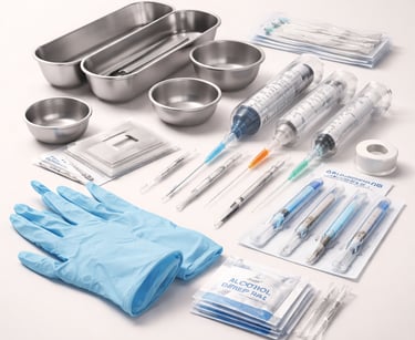 Disposable medical supplies like syringes, gloves, and sterile tools on a white background.
