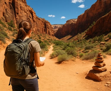 Hiker walking near cairns in canyon trail, using natural markers for navigation and desert survival routes