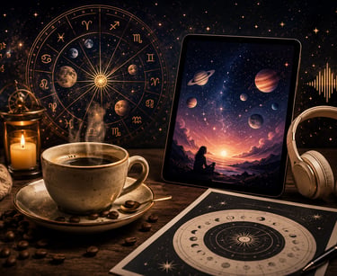 A digital tablet displaying a galaxy landscape next to a steaming coffee cup and astrology charts.