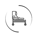Hospital bed line icon showing a patient with an IV drip inside a circular frame.