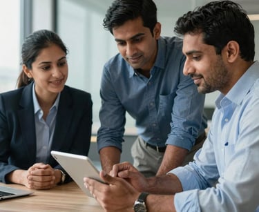 Professional South Asian / Indian business consultants in a modern office, reviewing data on a tablet, well-lit, confident and empathetic atmosphere, incorporating cool blue and grey tones.