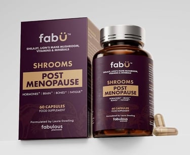 Fabü Shrooms Post Menopause food supplement bottle and box featuring Shilajit and Lion's Mane mushroom.