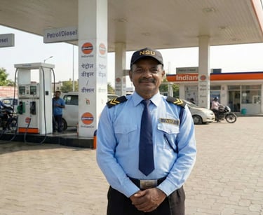 Trained security guard providing 24/7 surveillance and safety at a petrol pump - NSU India.