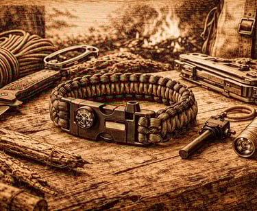 wood burnt-picture-of-survival-gear-on-a-log