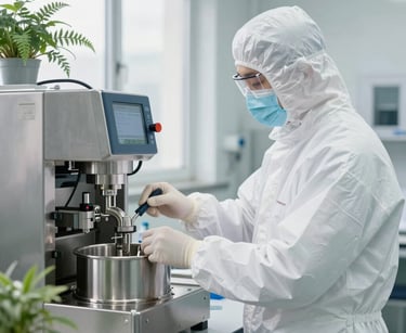 Technician in clean white PPE monitoring a stainless steel extraction machine, bright daylight, green herbal accents, 35mm