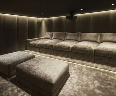 Luxury home theater with custom chaise lounges, matching ottomans, and upholstered wall panels, crafted by Solo Home Decor