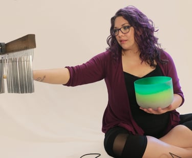 rachel in a sound bath, white background 