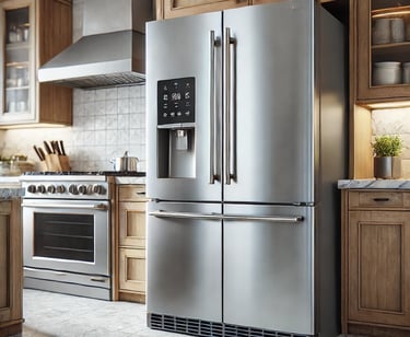 a kitchen with a stainless steel refrigerator