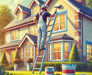 A man in overalls and a cap stands on a ladder, painting a house’s exterior with a roller, with pain
