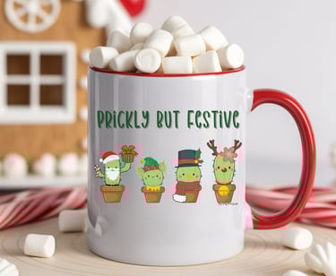 White mug with red rim and “Prickly but Festive” cacti — funny cactus Christmas mug by Miss Chatty Plants