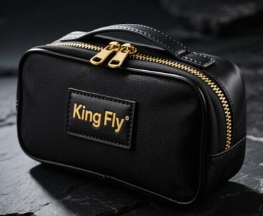 Classic black train case with gold zippers, a high-quality custom bag by King Fly.