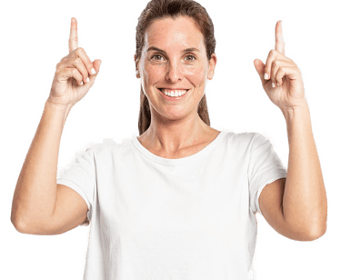 a woman with a white shirt pointing up.