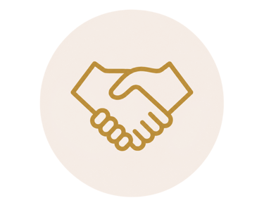     Minimal gold handshake icon representing trust, care, and long-term client relationships