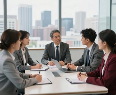 A group of diverse, well-dressed professionals in a bright, modern glass-walled meeting room. They are engaged in a collaborative workshop, with a blurred view of a city skyline in the background. The scene conveys trust, innovation, and academic prestige with a palette of silver grey and deep crimson.