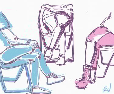 meeting with people sit in chairs drawn with colours