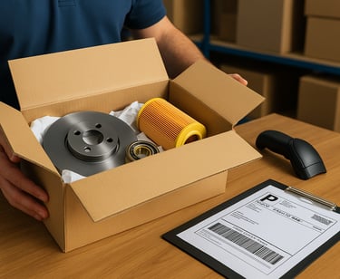 Caixa aberta com peças automotivas sendo preparada para envio