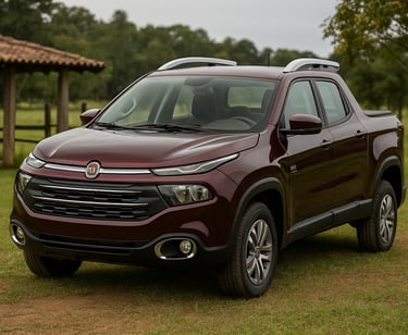 Fiat Toro 2018 marrom estacionada em chácara, com gramado, cerca de madeira e árvores ao fundo.