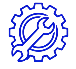 Blue neon outline of a wrench and gear icon representing technical support and maintenance services.