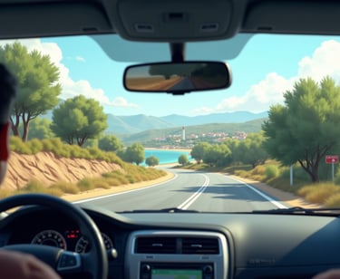 a man driving a car on a road