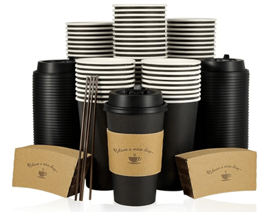 black to go coffee cups with holders and stir sticks