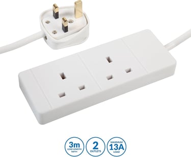 a white power outlet with two plugged in the middle and a plugged in