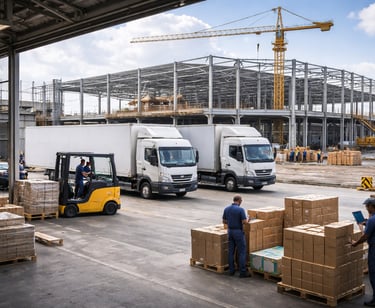 Centro logístico com galpão industrial, caminhões e movimentação de cargas em obra