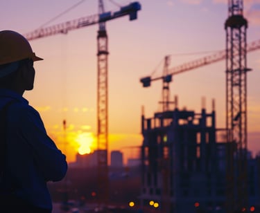 Canteiro de obras com guindastes e construção de estrutura urbana durante o pôr do sol