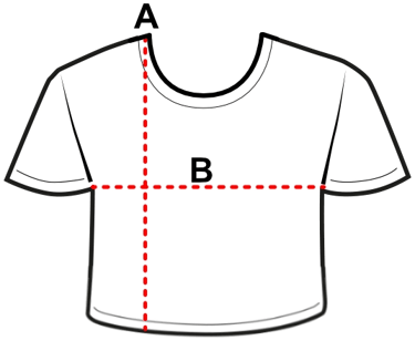 T-shirt size guide diagram showing chest width and body length measurement lines.