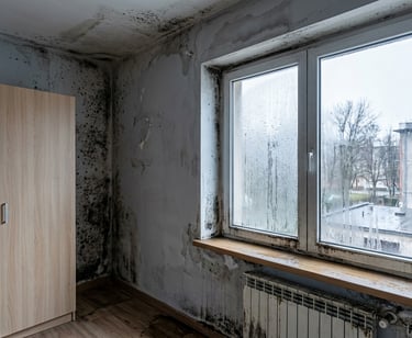 Síntomas de humedad por condensación con moho en pared y ventana con vaho