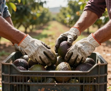 Close-up of harvest workers' gloved hands placing ripe Hass avocados into a labeled field crate, orchard row visible in the background under warm natural daylight, Mascota Jalisco terrain