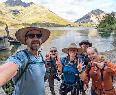 Hiking group at the Crypt Lake boat dock in Waterton Lakes National Park before starting the trail.