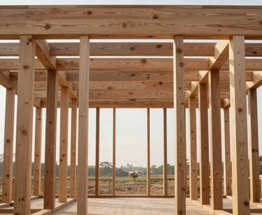 Straight-on architectural elevation of a massive raw oak structural frame under diffused morning daylight, clean joinery visible, generous negative space