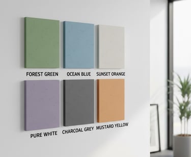 Six textured wall paint color samples displayed on a white wall in a modern room interior.