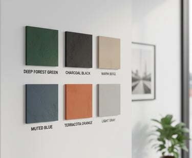 Interior design textured wall paint color swatches including terracotta orange and forest green.