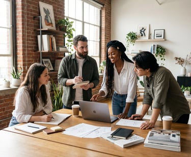 a group of people sitting around a table
