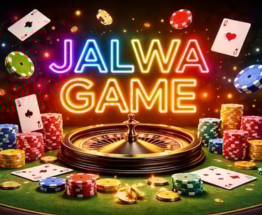  Jalwa Game casino display featuring a roulette wheel, stacks of chips, and flying playing cards.