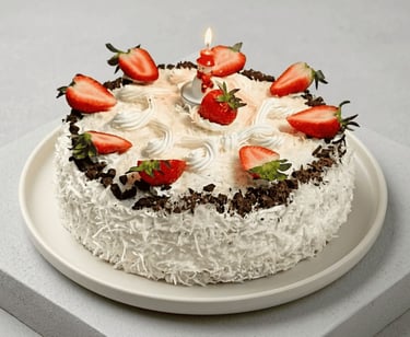 pastel con decoraciones de coco, fresas, chocolate y una vela. en un plato blanco.