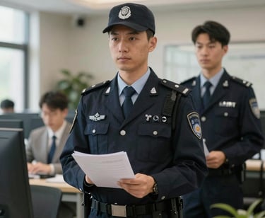 Security personnel monitoring a corporate building entrance.