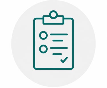 A teal clipboard icon with a checklist and checkmark for project management and tasks.