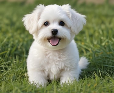 a small white Maltese dog standing on top of a lush green field