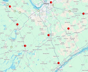 Regional map of Ottawa and surrounding areas featuring red location pins for local services.