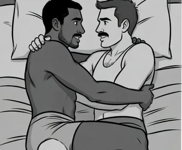 2 males in bed with arms across each other
