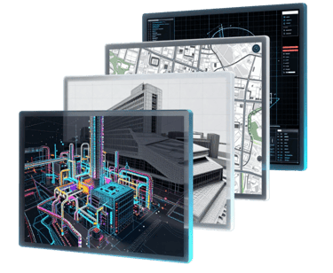 Layered digital displays showing 3D industrial piping, architectural wireframes, and city maps.