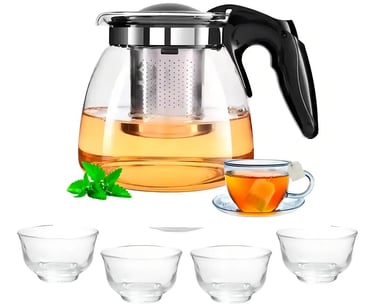 Chaleira de Vidro 1L com Infusor Inox e 4 Xícaras Kit Chá
