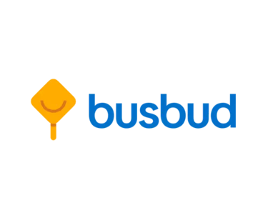 Busbud logo featuring a blue wordmark and a yellow bus stop sign icon on a black background.